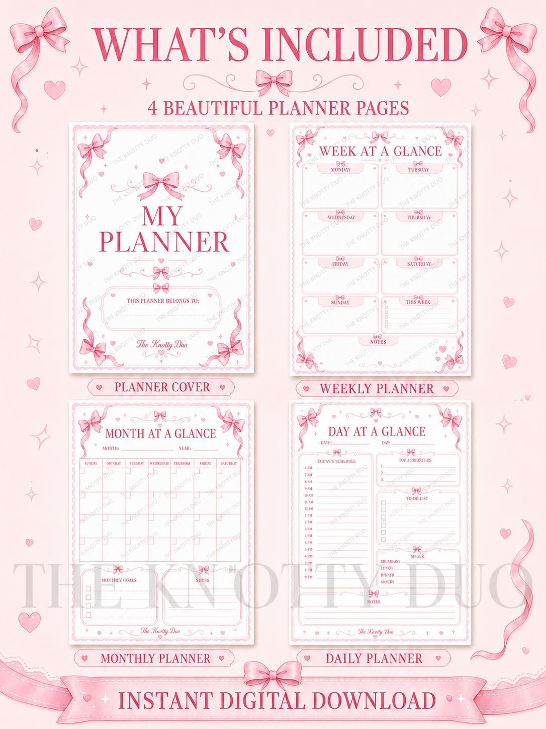 Pink Bow Planner, Coquette Daily Weekly Monthly Pages (Digital Download)