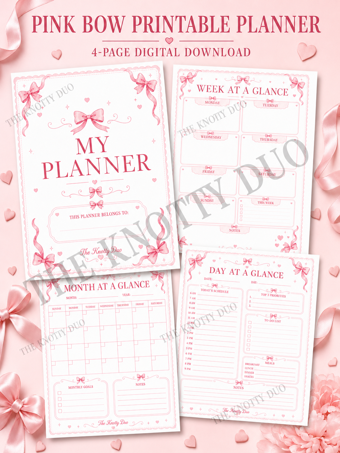 Pink Bow Planner, Coquette Daily Weekly Monthly Pages (Digital Download)